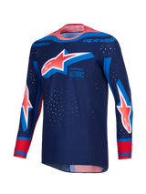 Alpinestars 2026 Supertech Vista Jersey, Motocross Jersey, Dark Navy with Hot Coral and Cobalt Blue accents, featuring large Astar logos on the chest and sleeves, athletic race fit with laser-cut perforations and a seamless bonded collar