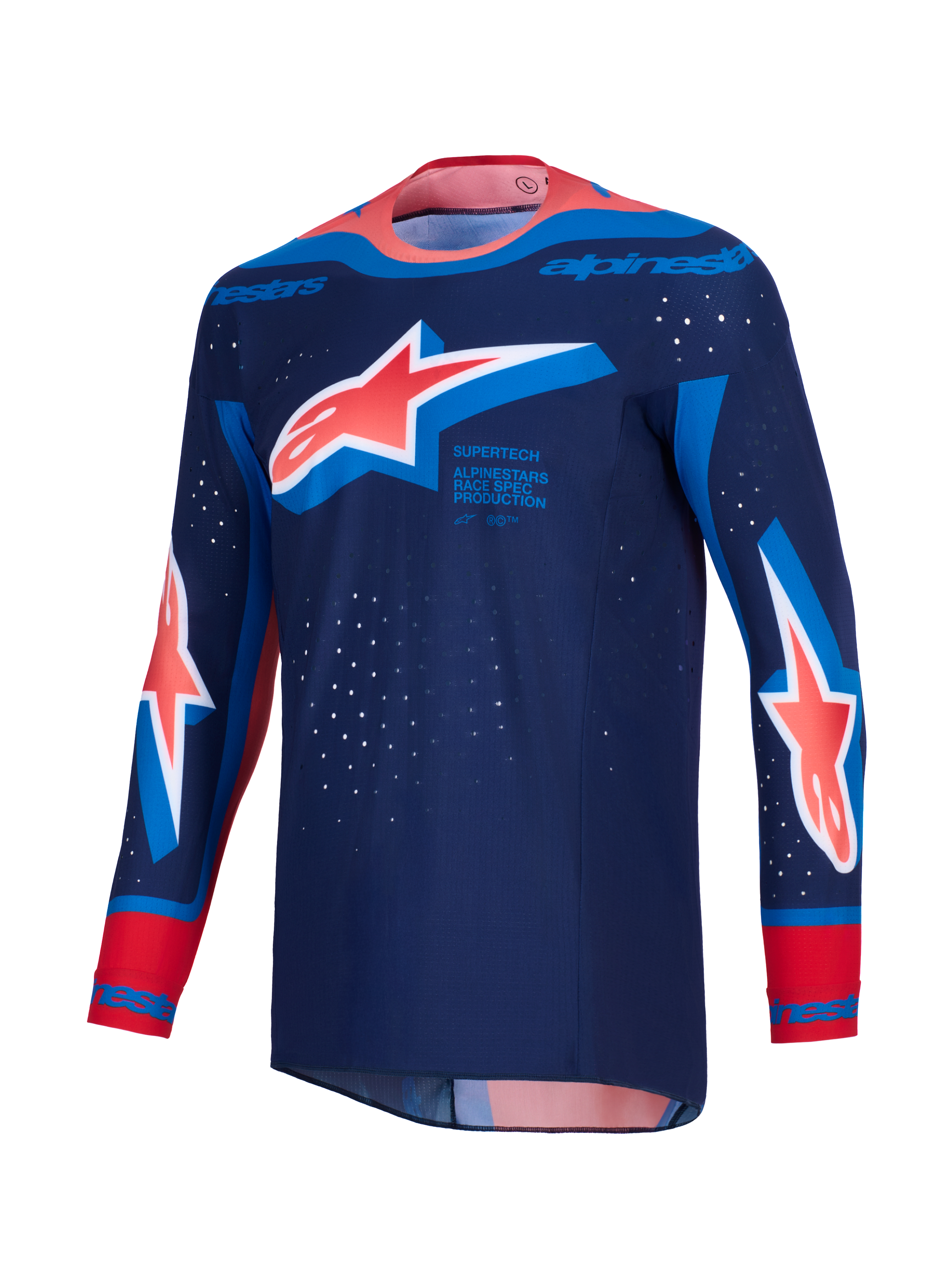 Alpinestars 2026 Supertech Vista Jersey, Motocross Jersey, Dark Navy with Hot Coral and Cobalt Blue accents, featuring large Astar logos on the chest and sleeves, athletic race fit with laser-cut perforations and a seamless bonded collar