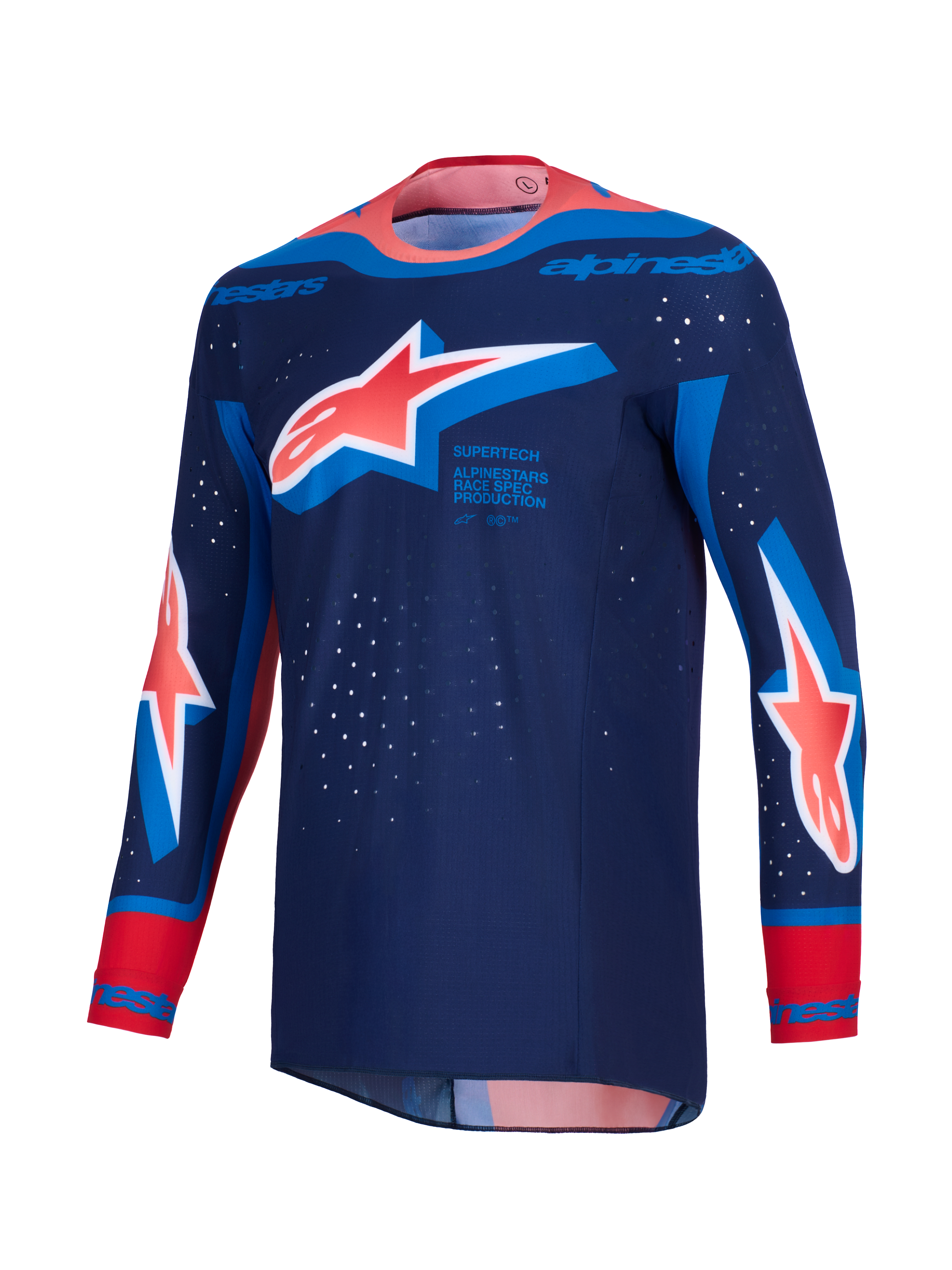 Alpinestars 2026 Supertech Vista tröja, motocrosströja, mörkblå med Hot Coral- och Cobalt Blue-detaljer, stora Astar-logotyper på bröstet och ärmarna, atletisk racingpassform med laserutskurna perforeringar och en sömlöst bunden krage