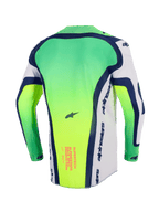 Alpinestars 2026 Supertech Vista-tröja, motocrosströja, neongrön, vit och marinblå, baksida som visar förlängt ryggparti, laserskurna perforeringar på sidorna, rosa textgrafik på nedre delen av ryggen, professionell lättviktsutrustning för racing