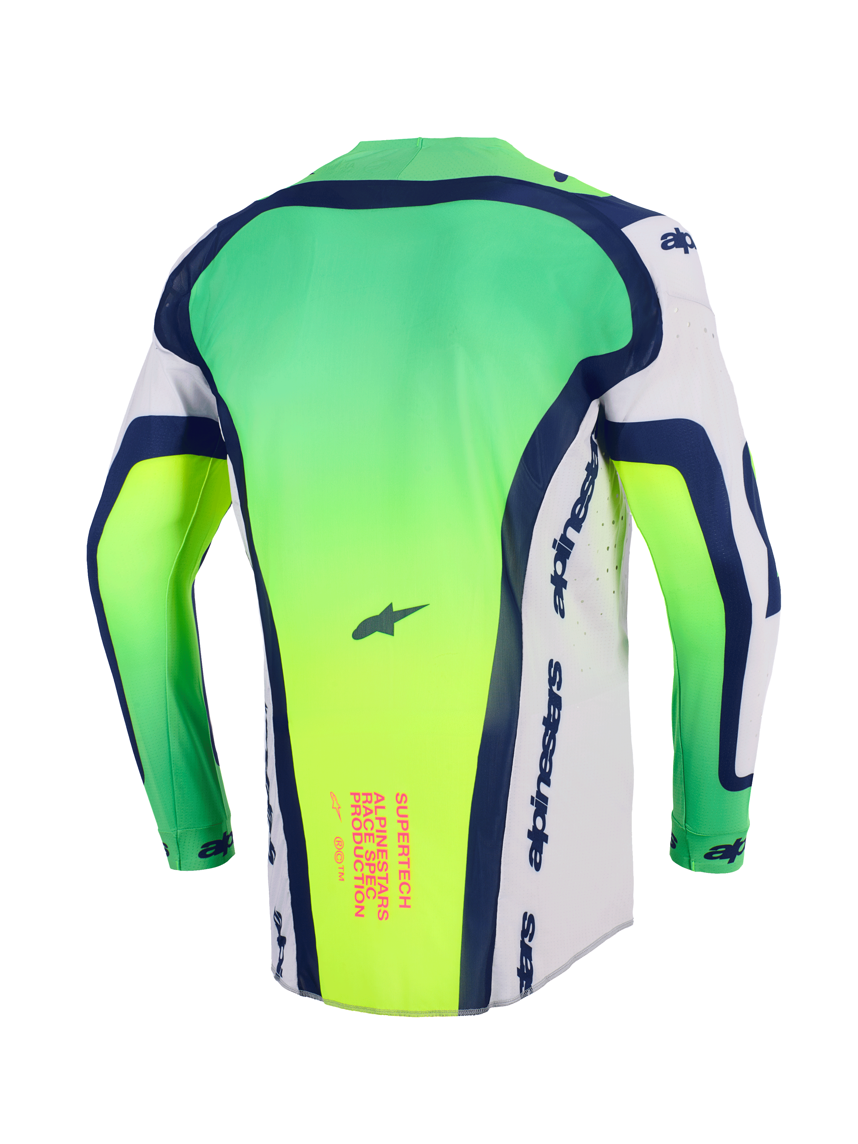 Alpinestars 2026 Supertech Vista-tröja, motocrosströja, neongrön, vit och marinblå, baksida som visar förlängt ryggparti, laserskurna perforeringar på sidorna, rosa textgrafik på nedre delen av ryggen, professionell lättviktsutrustning för racing