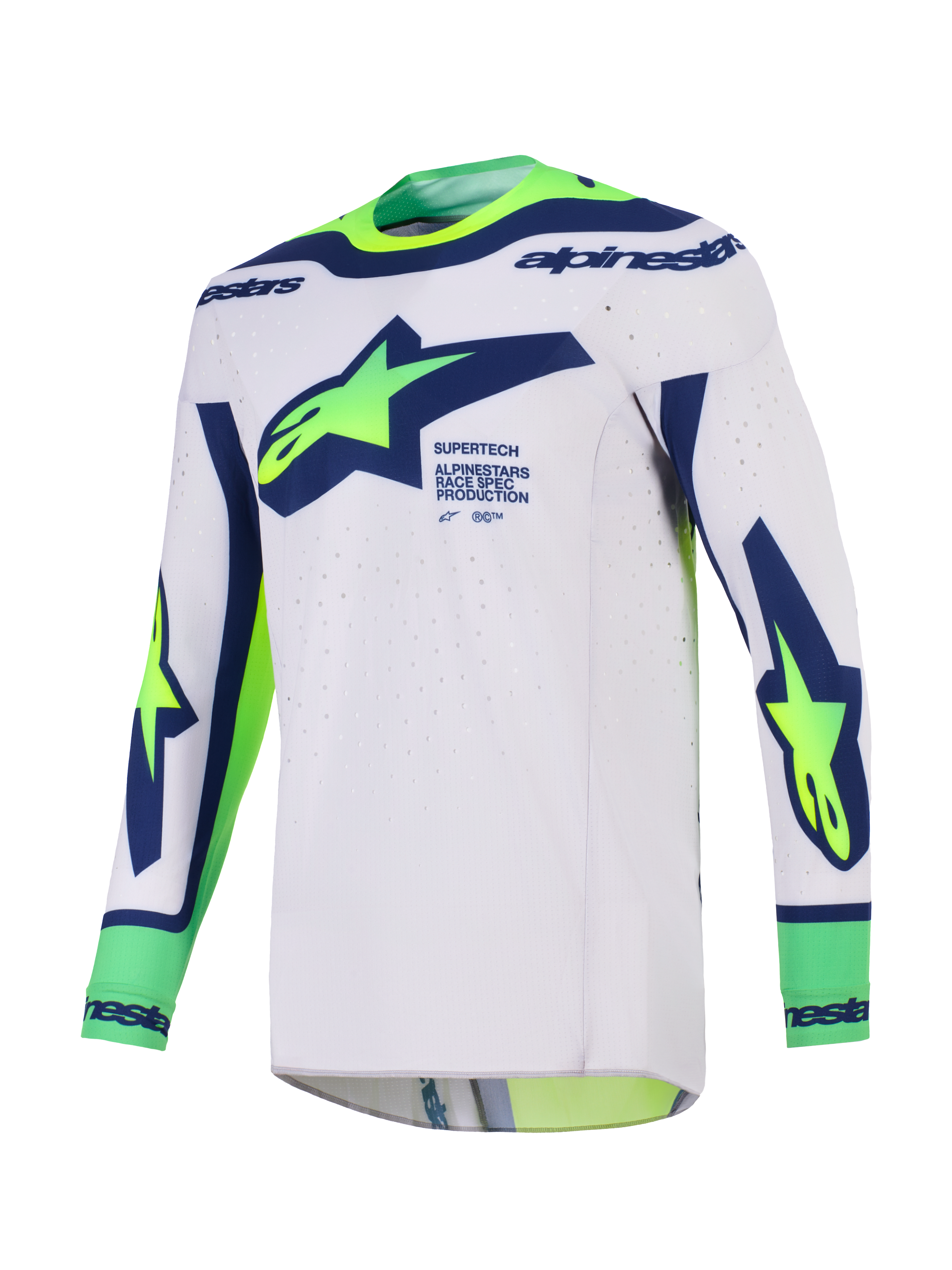 Alpinestars 2026 Supertech Vista tröja, motocrosströja, ljusgrå med neongula och blå detaljer, framträdande Alpinestars-logotyp på bröstet, 'Race Spec'-branding, laserskuren ventilation och en atletisk race-ready passform för motocrossprestanda.
