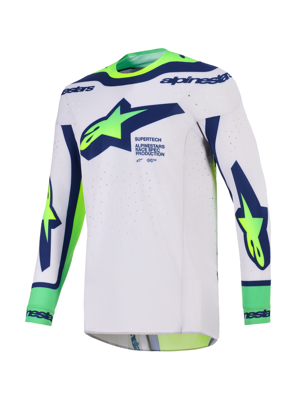 Alpinestars 2026 Supertech Vista-tröja, motocrosströja, ljusgrå med blå och neongula detaljer, stor Alpinestars-logotyp på bröstet, laserskurna ventilationshål och sömlös konstruktion för terrängkörning