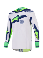 Alpinestars 2026 Supertech Vista-tröja, motocrosströja, ljusgrå med blå och neongula detaljer, stor Alpinestars-logotyp på bröstet, laserskurna ventilationshål och sömlös konstruktion för terrängkörning