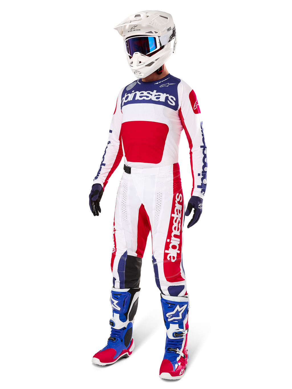 Alpinestars Limited Edition Techstar Fortitude Gear Set, Motocross Outfit, Red White and Blue, featuring a white jersey with bold graphics, matching race pants, white helmet with goggles, and coordinated blue and red boots, professional racing gear for off-road performance