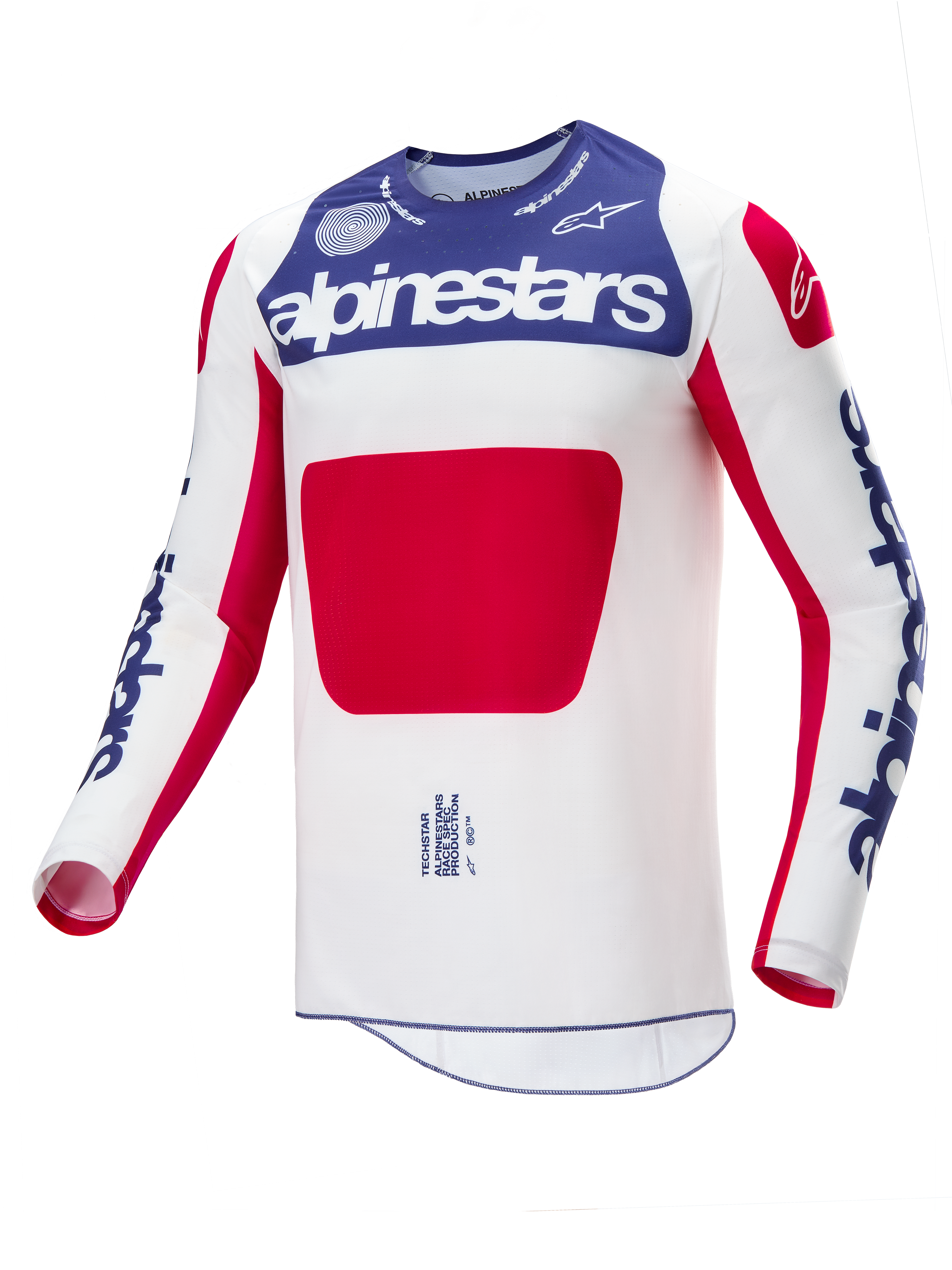 Alpinestars Limited Edition Techstar Fortitude Jersey, Motocross Jersey, Red White and Blue, featuring a white body with a large red center panel, blue chest section with white Alpinestars branding, and blue logos on sleeves, designed for off-road racing performance