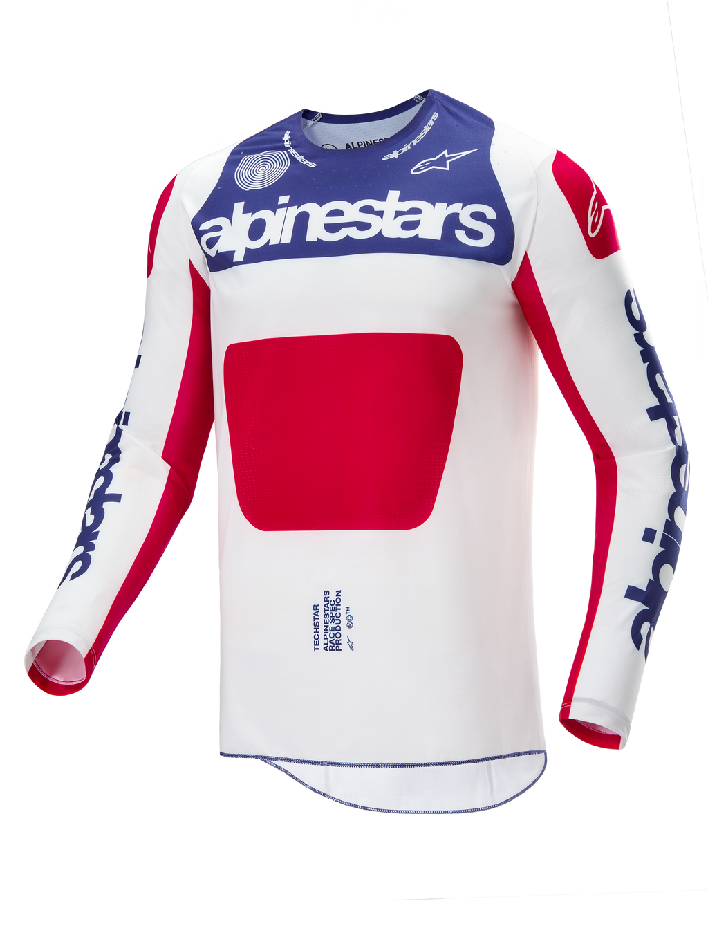 Alpinestars Limited Edition Techstar Fortitude Jersey, Motocross Jersey, Red White and Blue, white main body with blue chest panel and red graphic, blue alpinestars logos on sleeves, athletic race fit design
