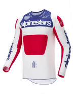 Alpinestars Limited Edition Techstar Fortitude Jersey, Motocross Jersey, Red White and Blue, white main body with blue chest panel and red graphic, blue alpinestars logos on sleeves, athletic race fit design