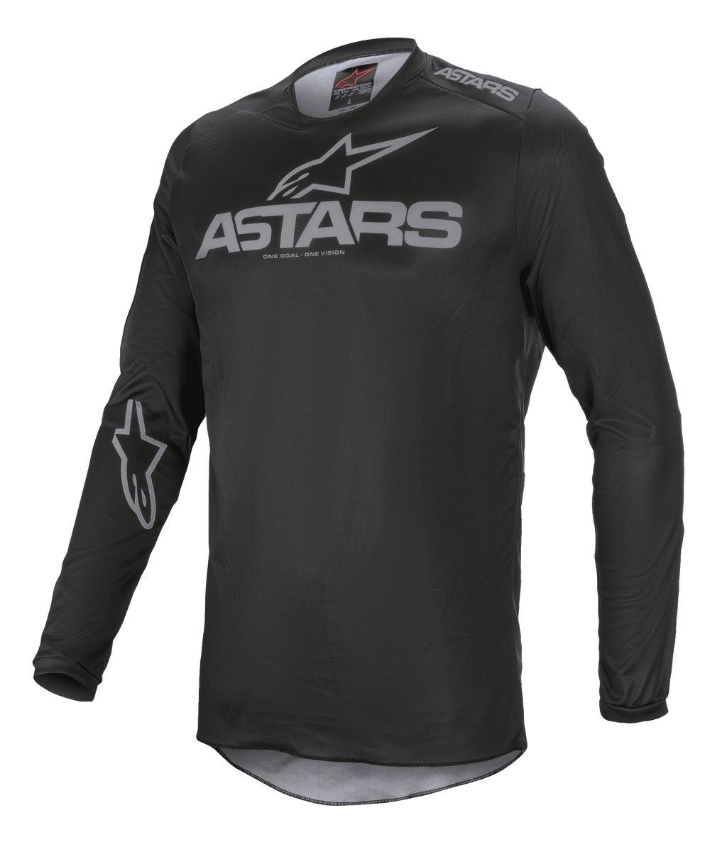 Alpinestars Fluid Graphite-tröja, motocrosströja, svart och mörkgrå, med grå ASTARS-logotyp på bröstet och axeln, stjärnlogotyp på ärmen, långärmad teknisk mesh-konstruktion för terrängkörning