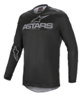 Alpinestars Fluid Graphite-tröja, motocrosströja, svart och mörkgrå, med grå ASTARS-logotyp på bröstet och axeln, stjärnlogotyp på ärmen, långärmad teknisk mesh-konstruktion för terrängkörning