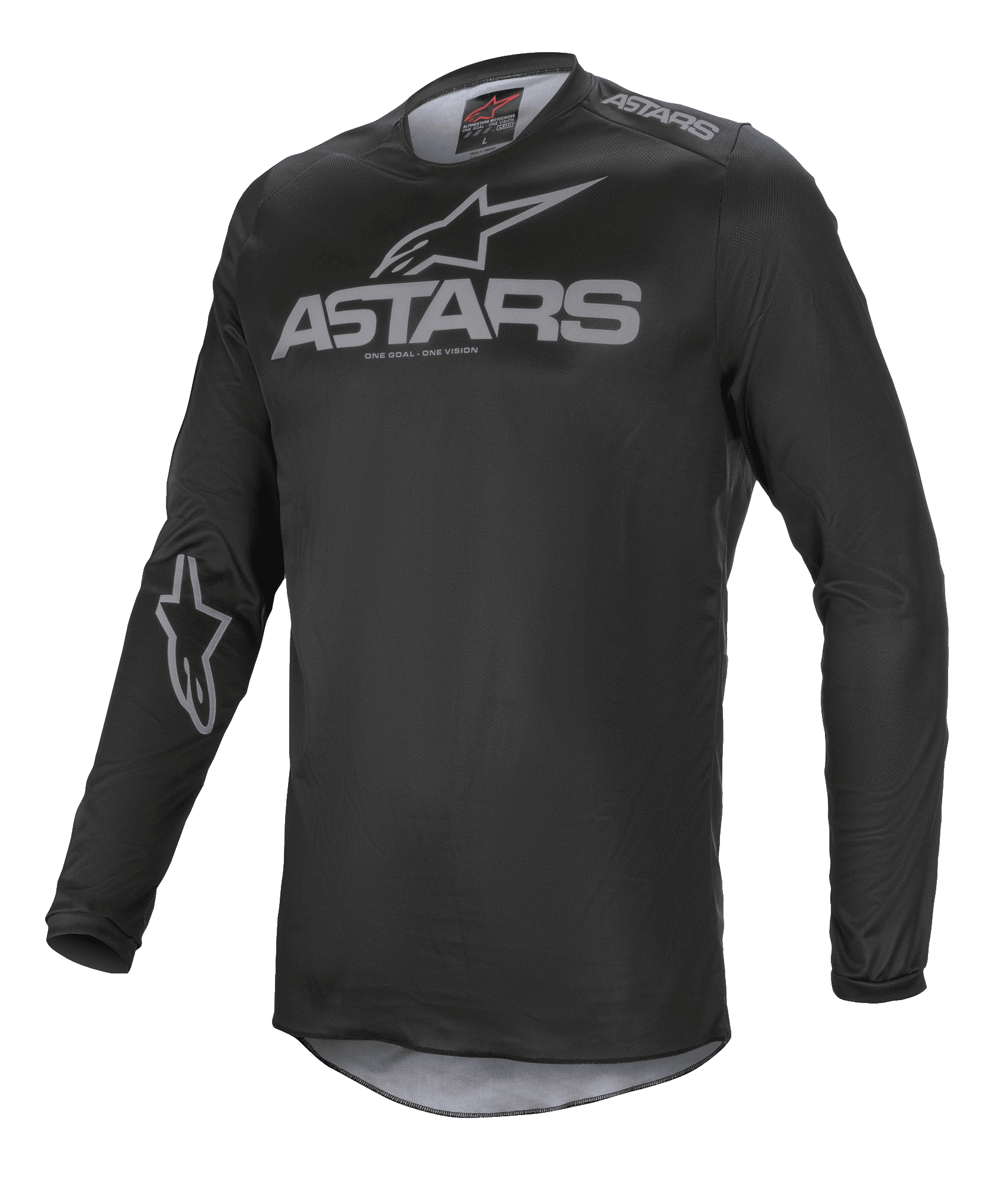 Alpinestars Fluid Graphite-tröja, motocrosströja, svart och mörkgrå, med grå ASTARS-logotyp på bröstet och axeln, stjärnlogotyp på ärmen, långärmad teknisk mesh-konstruktion för terrängkörning