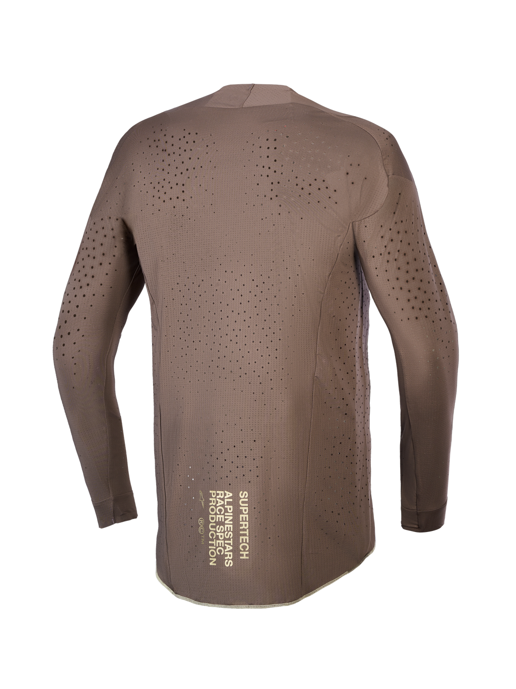 Alpinestars Supertech Air Gold tröja, brun motocrosströja för herr med laserutskuren ventilation och guldgrafik bak.