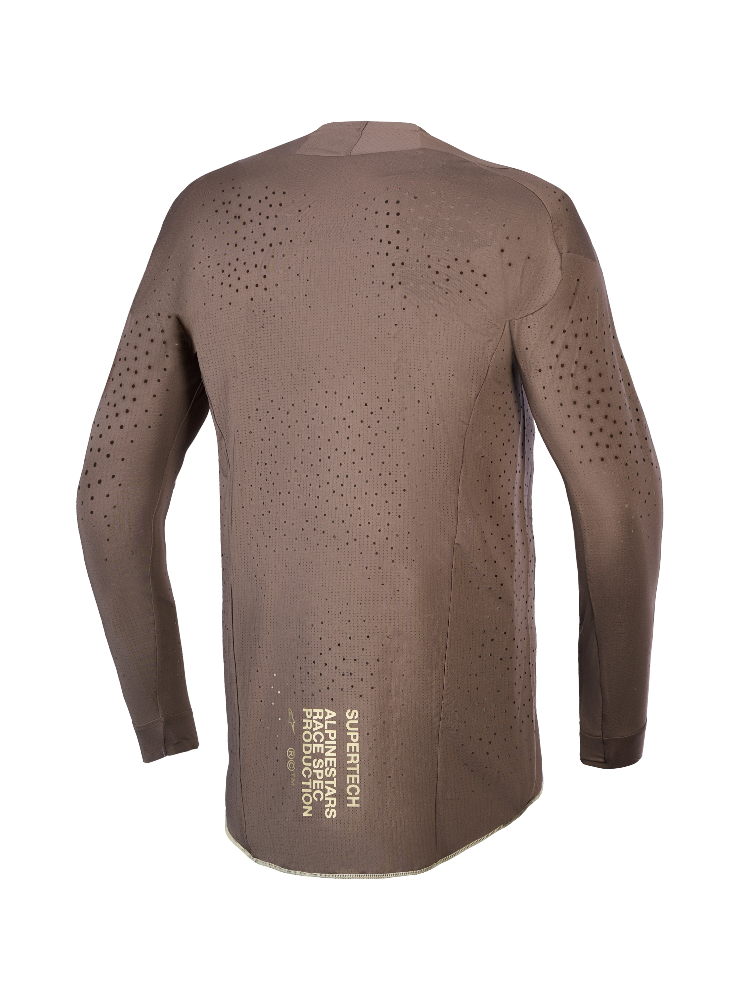Alpinestars Supertech Air Gold tröja, brun motocrosströja för herr med laserutskuren ventilation och guldgrafik bak.