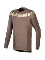 Alpinestars Begränsad Upplaga Supertech Air Gold tröja, motocrosströja för herrar, brun med guldlogotyper, laserutskuren ventilation, ultralätt stretchnät för terrängkörning.