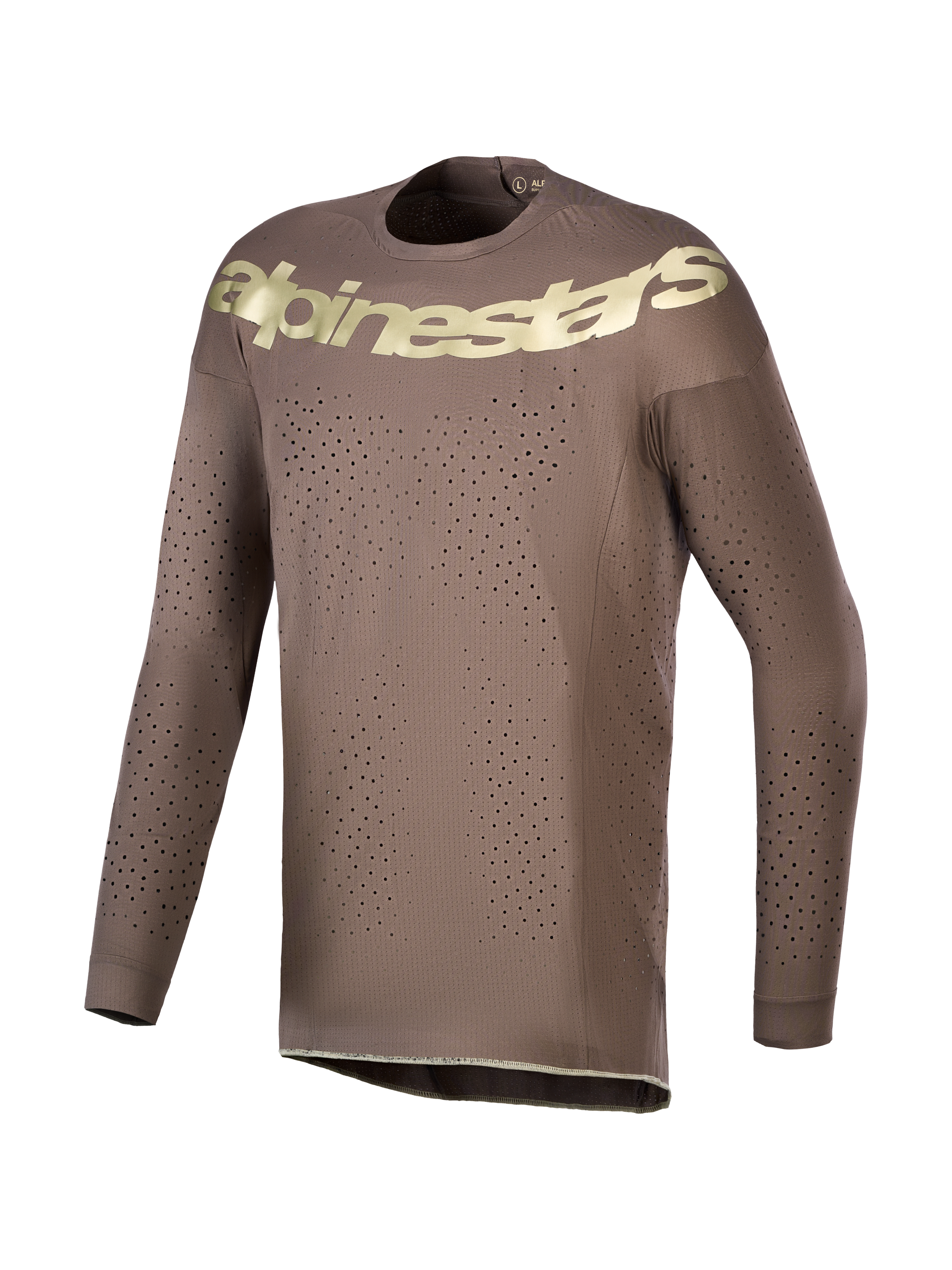 Alpinestars Begränsad Upplaga Supertech Air Gold tröja, motocrosströja för herrar, brun med guldlogotyper, laserutskuren ventilation, ultralätt stretchnät för terrängkörning.