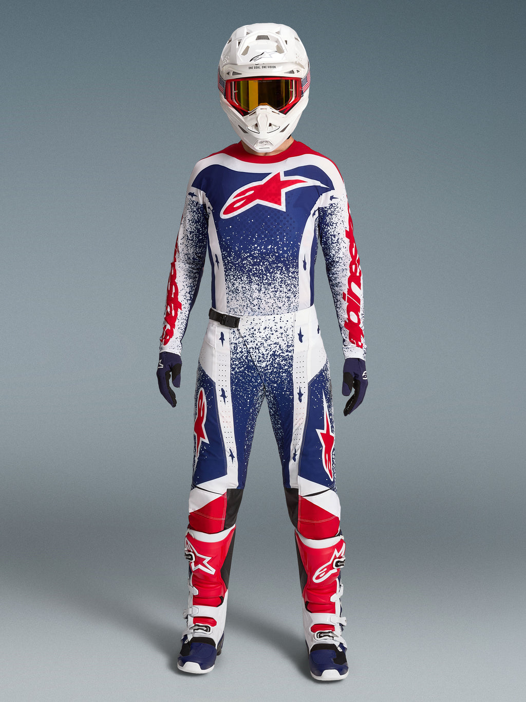 Alpinestars Limited Edition Techstar Unity Gear Set, Men's Motocross Racing Outfit in White, Blue, and Red graphics.