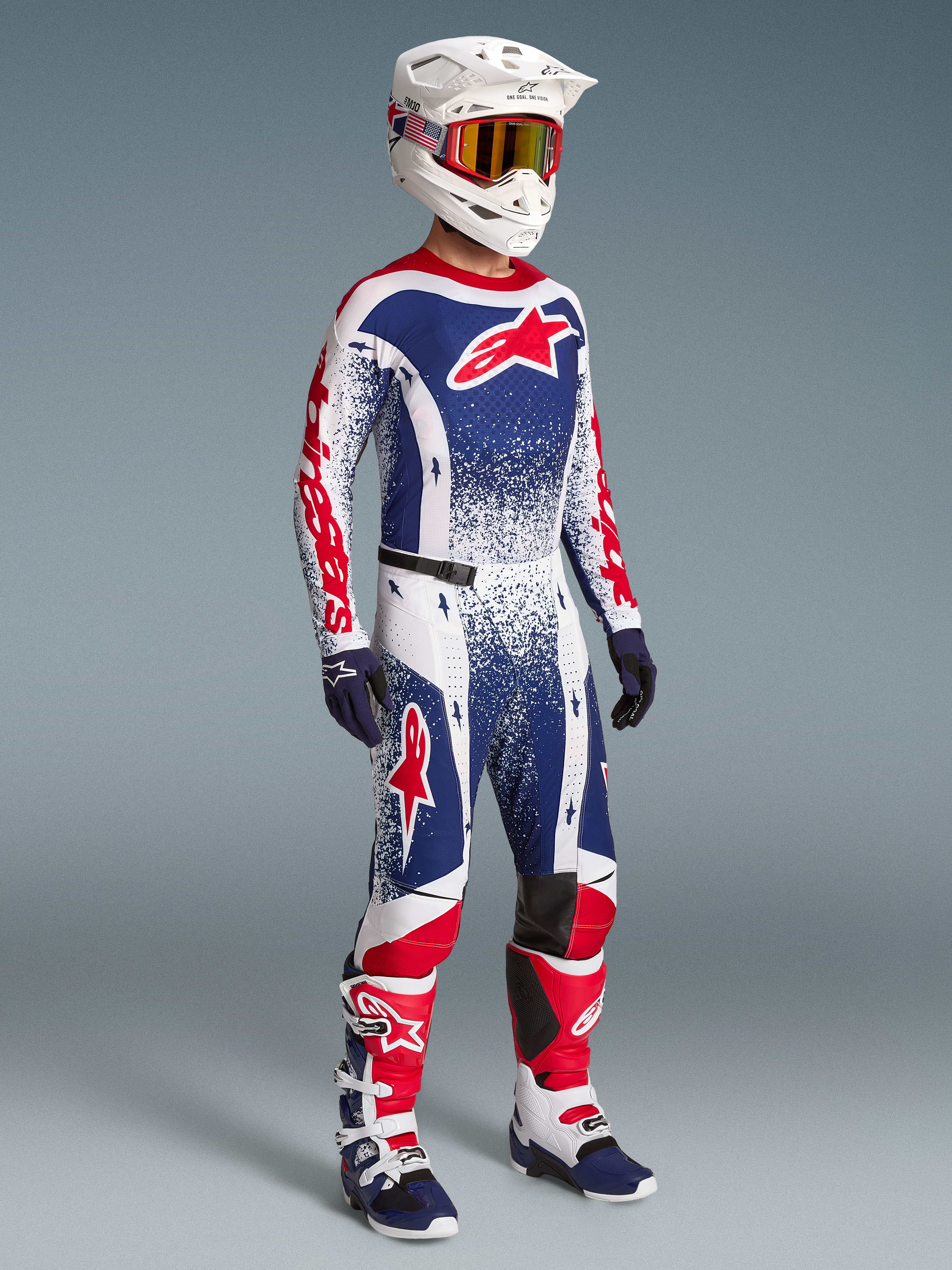 Alpinestars Limited Edition Techstar Unity Jersey, Men's Motocross Gear Set in Red, White, and Blue with a Performance Fit.