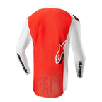 Alpinestars 2024 Supertech Ward-tröja, baksida, White Hot Orange, med en stor livfull orange mittpanel, vita ärmar och sidopaneler med svart Alpinestars-logotyp och Astar-logotyp på nedre ryggen, mesh-konstruktion av proffskvalitet för motocross