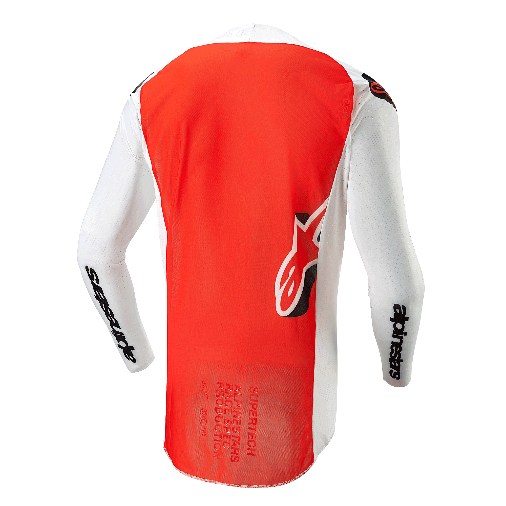 Alpinestars 2024 Supertech Ward-tröja, baksida, White Hot Orange, med en stor livfull orange mittpanel, vita ärmar och sidopaneler med svart Alpinestars-logotyp och Astar-logotyp på nedre ryggen, mesh-konstruktion av proffskvalitet för motocross