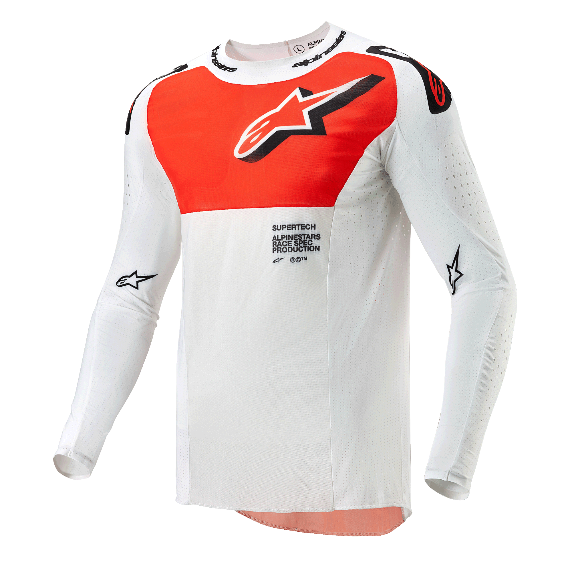 Alpinestars 2024 Supertech Ward-tröja, motocrosströja, vit och Hot Orange, långärmad teknisk tröja med en stor orange grafik på bröstet, stjärnlogotyp och ventilerande perforerad konstruktion för terrängkörning.