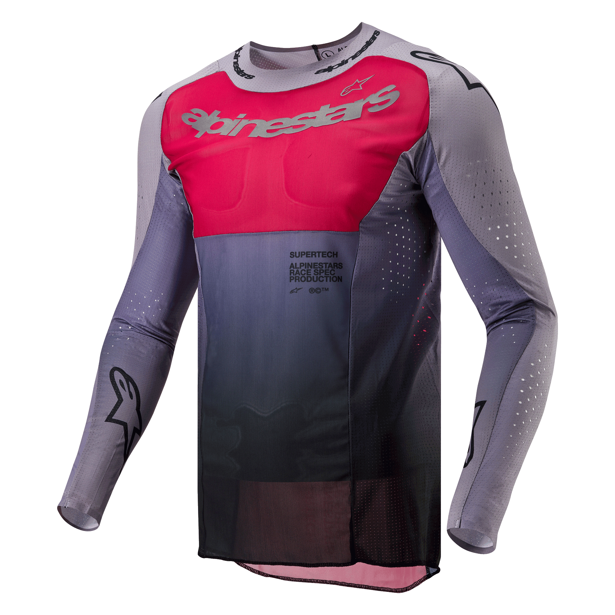 Alpinestars 2024 Supertech Dade Jersey, Motocross Jersey, Iron Red Berry and Gray, featuring a vibrant red chest panel with silver branding, dark gray gradient at the waist, laser-cut perforations on the sleeves and sides, and an athletic race fit design.