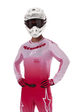 Alpinestars 2024 Supertech Dade Jersey, Motocross Racing Gear, Red Berry Lilac gradient design, long-sleeve jersey with laser-cut perforations, worn by a rider with a white helmet and matching red gloves and pants, professional motocross kit on a white background