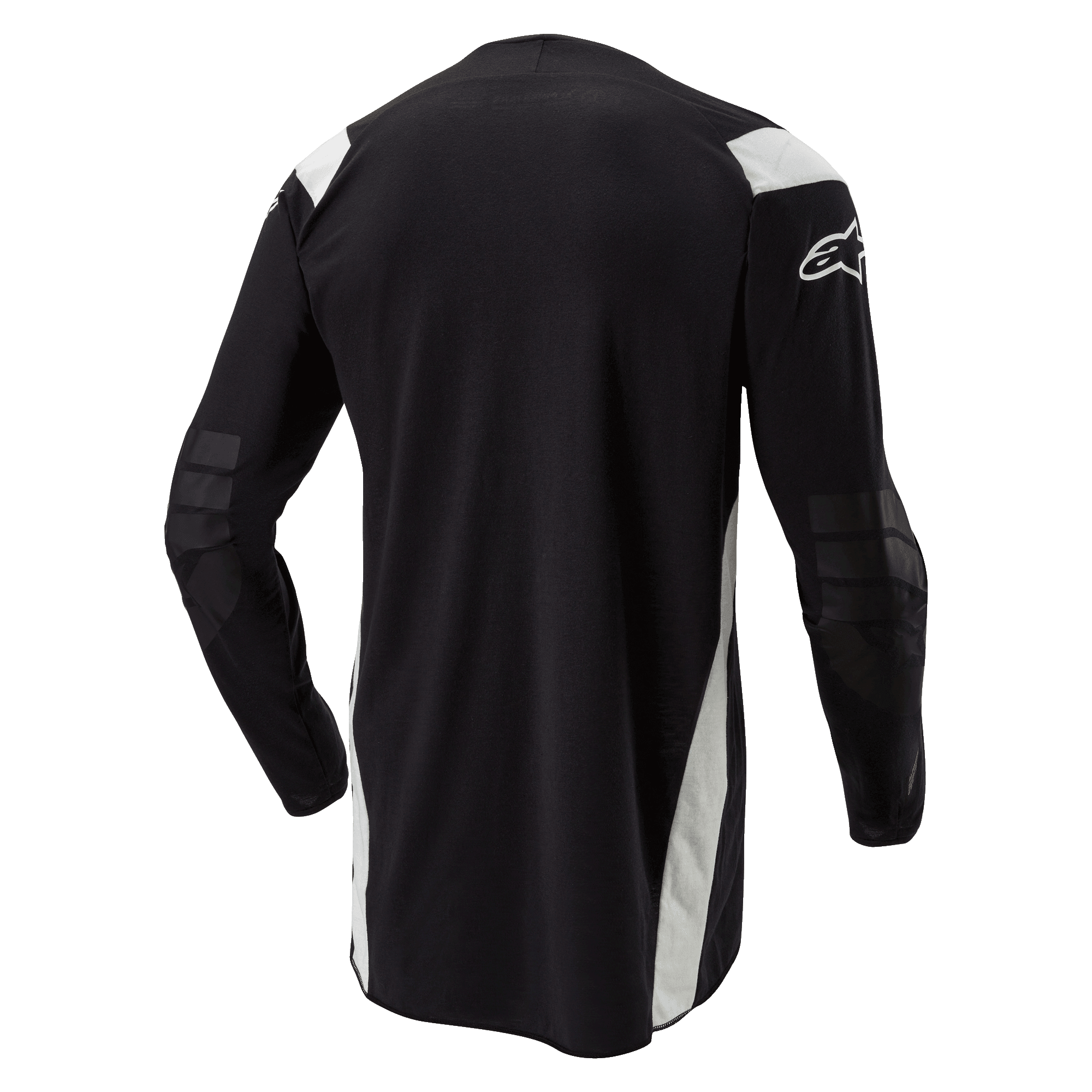Alpinestars Techdura-tröja, enduro- och motocrosströja, svart med vita detaljer, vy bakifrån med förlängd rygg, förstärkta armbågar och vit Alpinestars-logotyp på ärmen, hållbara kläder för terrängkörning
