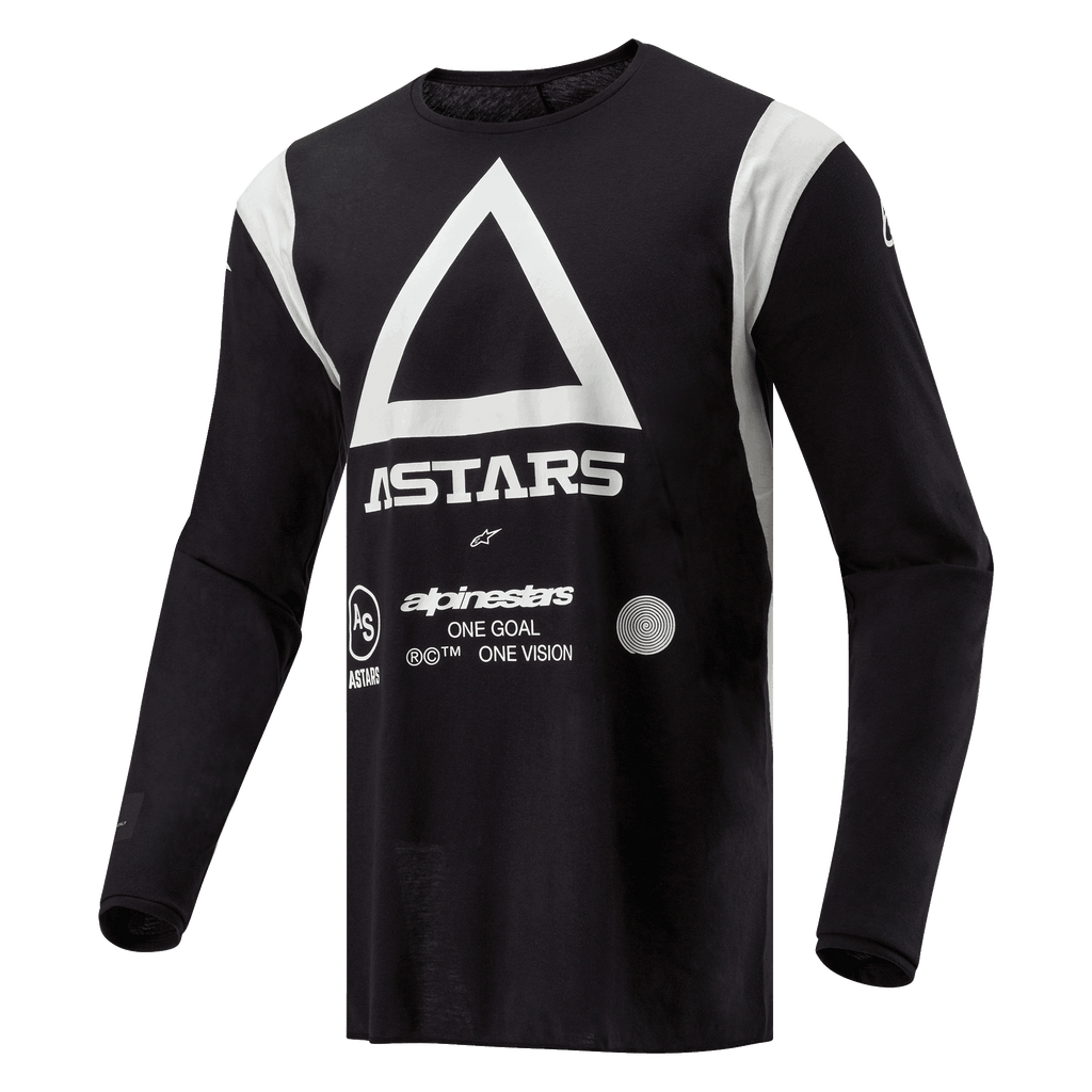 Alpinestars Techdura tröja, motocross- och endurotröja, svart med stor vit triangel och ASTARS-logotyp, vita axelpaneler, långa ärmar, slitstarkt polyestertyg för terrängkörning
