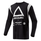 Alpinestars Techdura tröja, motocross- och endurotröja, svart med stor vit triangel och ASTARS-logotyp, vita axelpaneler, långa ärmar, slitstarkt polyestertyg för terrängkörning