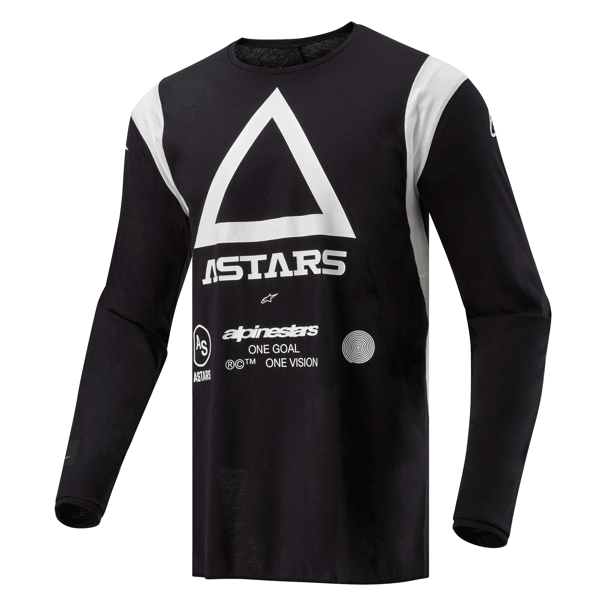 Alpinestars Techdura tröja, motocross- och endurotröja, svart med stor vit triangel och ASTARS-logotyp, vita axelpaneler, långa ärmar, slitstarkt polyestertyg för terrängkörning