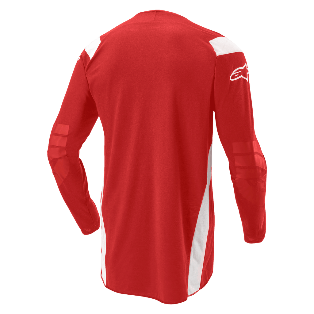 Alpinestars Techdura Jersey, motocross- och endurotröja, klarröd med vita paneler, vy bakifrån som visar förlängd rygg och förstärkta armbågar, vit Alpinestars-logotyp på ärmen, hållbar prestandautrustning för terrängkörning