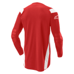 Alpinestars Techdura Jersey, motocross- och endurotröja, klarröd med vita paneler, vy bakifrån som visar förlängd rygg och förstärkta armbågar, vit Alpinestars-logotyp på ärmen, hållbar prestandautrustning för terrängkörning