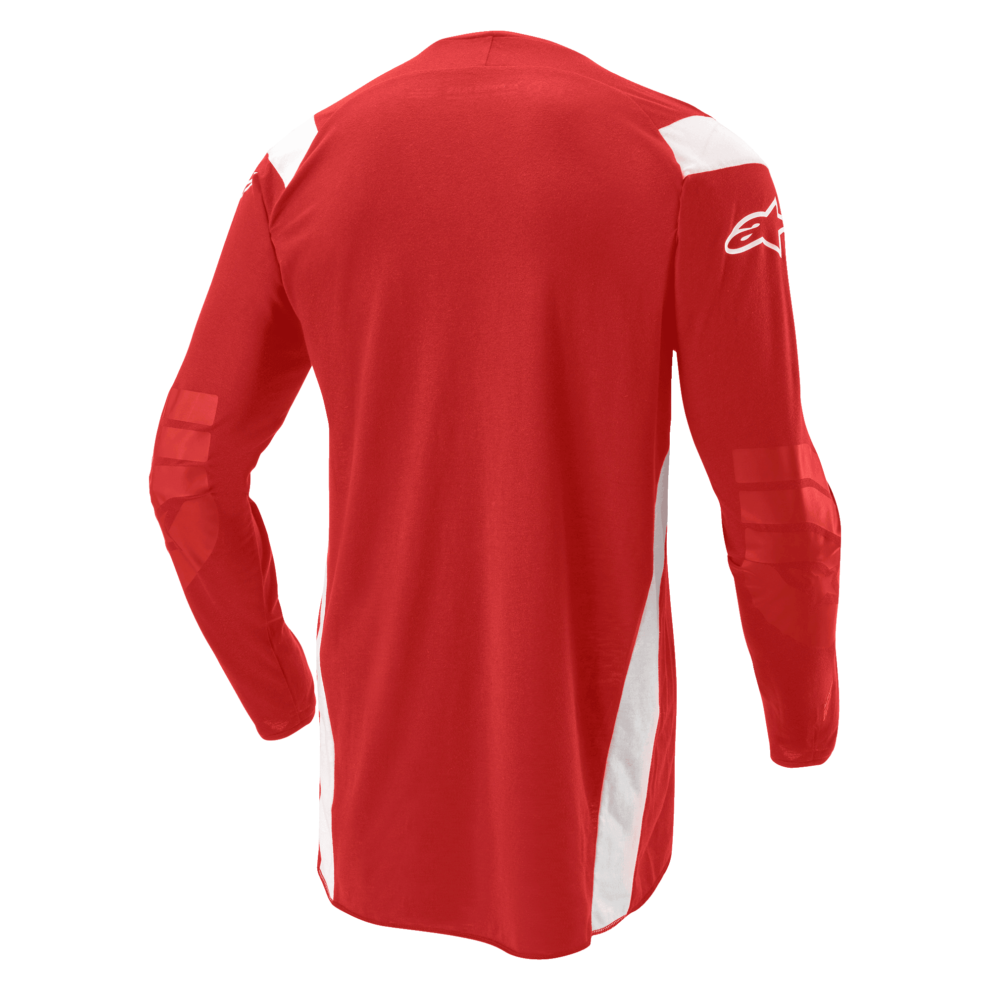 Alpinestars Techdura Jersey, motocross- och endurotröja, klarröd med vita paneler, vy bakifrån som visar förlängd rygg och förstärkta armbågar, vit Alpinestars-logotyp på ärmen, hållbar prestandautrustning för terrängkörning