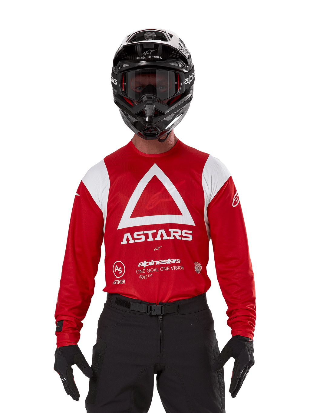Motocrossförare som bär Alpinestars Techdura-tröja, klarröd med vit grafik, med en stor vit triangel och ASTARS-logotyp på bröstet, kombinerad med en svart hjälm, svarta goggles och svart körutrustning, koordinerad outfit för enduro och offroad-racing