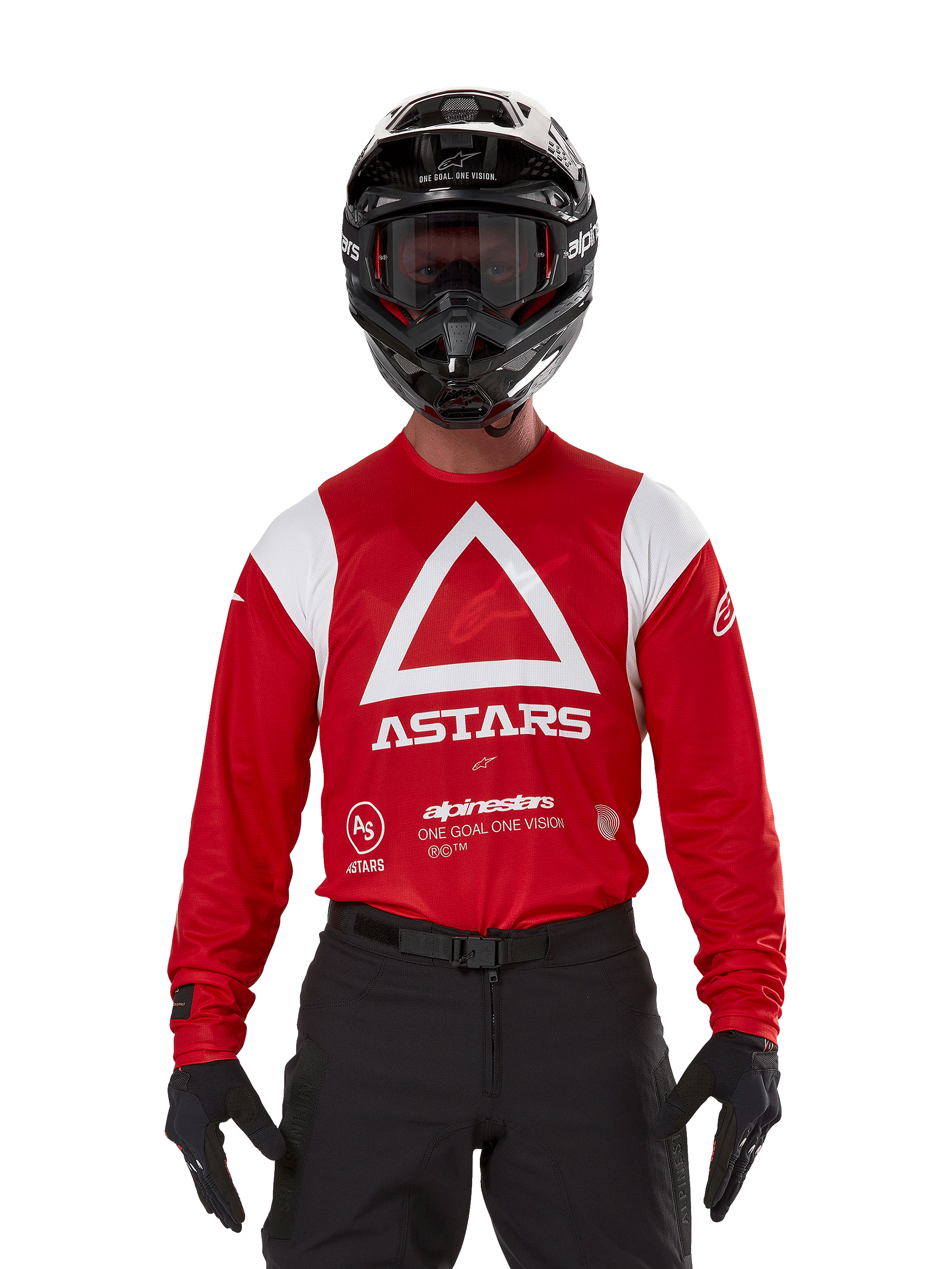 Motocrossförare som bär Alpinestars Techdura-tröja, klarröd med vit grafik, med en stor vit triangel och ASTARS-logotyp på bröstet, kombinerad med en svart hjälm, svarta goggles och svart körutrustning, koordinerad outfit för enduro och offroad-racing