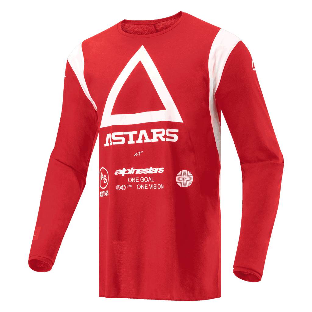 Alpinestars Techdura Jersey, motocross- och endurotröja, klar röd, med vit triangel och ASTARS-logotyp på bröstet, långärmat fukttransporterande polytyg för terrängkörning