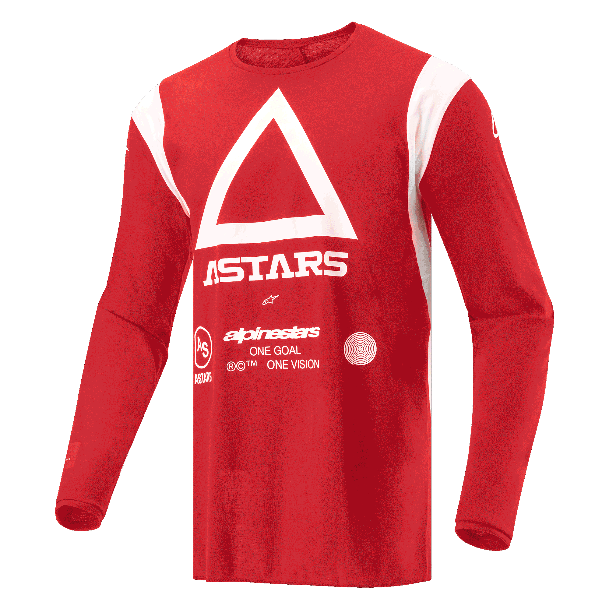 Alpinestars Techdura Jersey, motocross- och endurotröja, klar röd, med vit triangel och ASTARS-logotyp på bröstet, långärmat fukttransporterande polytyg för terrängkörning