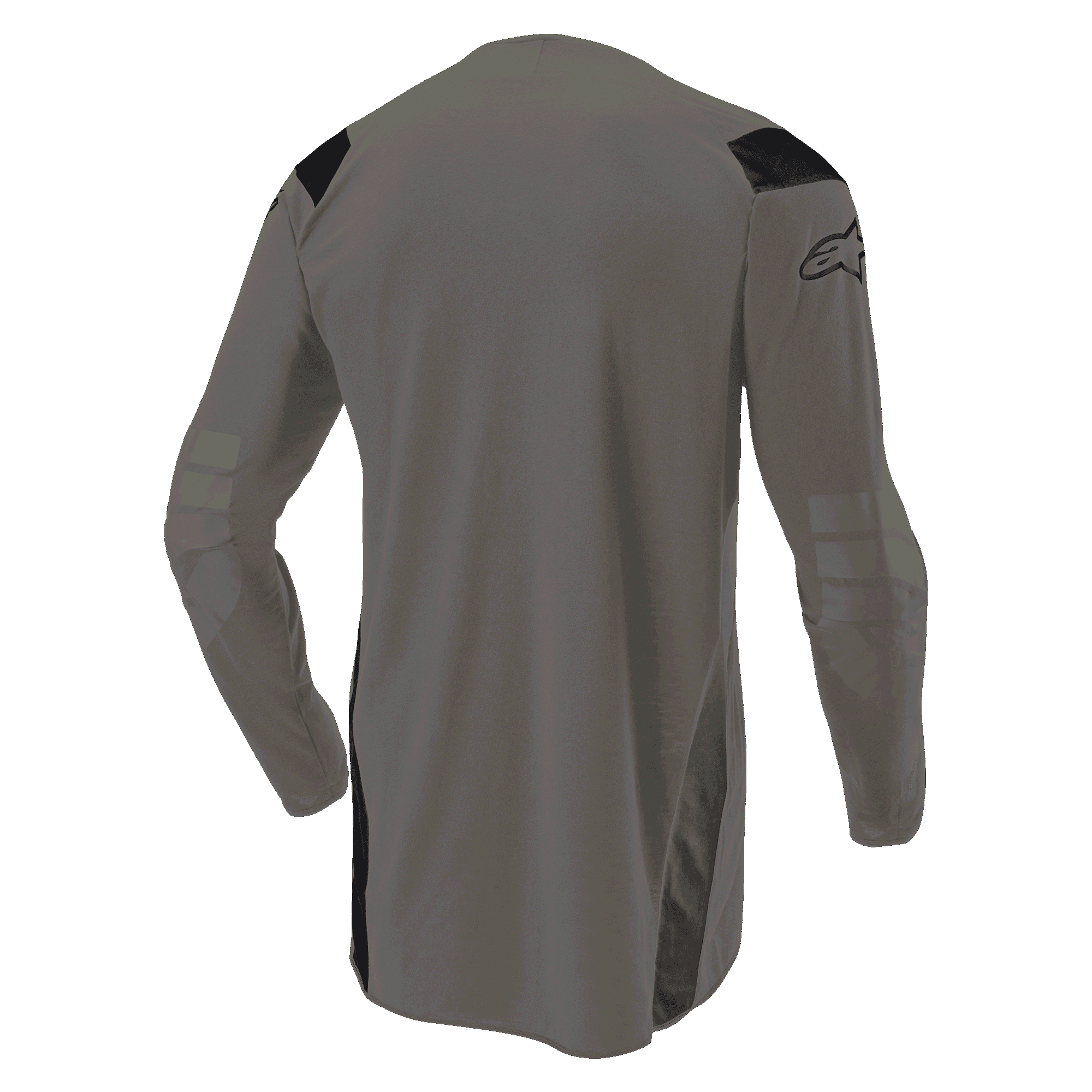 Alpinestars Techdura Jersey, Falcon Brown motocross jersey, back view showing elongated drop tail for coverage, long sleeves with reinforced elbow sections, black panels on shoulders, and logo on the sleeve, durable off-road apparel