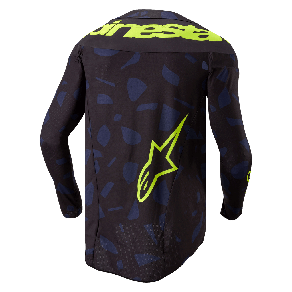 Alpinestars 2024 Techstar Rantera tröja, motocrosströja, svart, marinblå och gul fluo, vy bakifrån, med ett marinblått geometriskt mönster på en svart bas, tydlig Alpinestars-text i gul fluo över axlarna och en stor stjärnlogotyp på nedre delen av ryggen, teknisk långärmad utrustning för terrängkörning