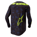 Alpinestars 2024 Techstar Rantera tröja, motocrosströja, svart, marinblå och gul fluo, vy bakifrån, med ett marinblått geometriskt mönster på en svart bas, tydlig Alpinestars-text i gul fluo över axlarna och en stor stjärnlogotyp på nedre delen av ryggen, teknisk långärmad utrustning för terrängkörning