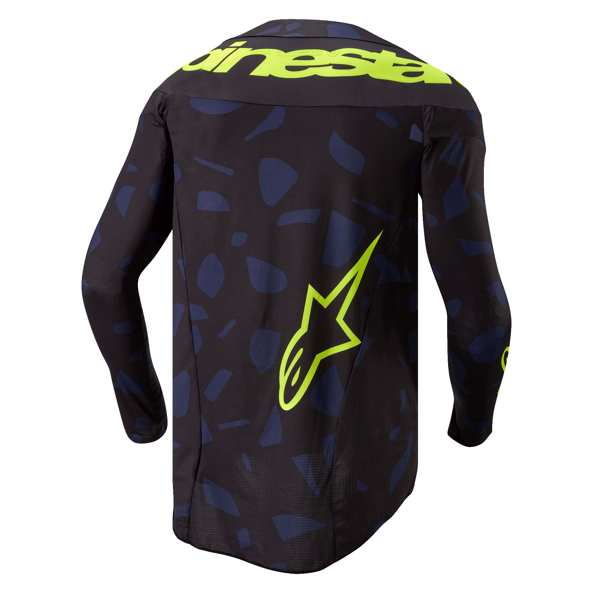 Alpinestars 2024 Techstar Rantera tröja, motocrosströja, svart, marinblå och gul fluo, vy bakifrån, med ett marinblått geometriskt mönster på en svart bas, tydlig Alpinestars-text i gul fluo över axlarna och en stor stjärnlogotyp på nedre delen av ryggen, teknisk långärmad utrustning för terrängkörning