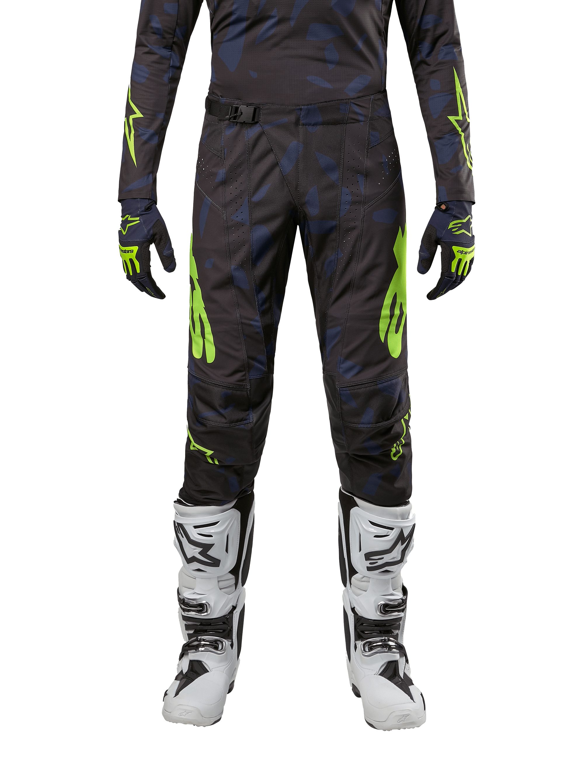 Alpinestars 2024 Techstar Rantera byxor, motocrossbyxor, svart, marinblå och neongul, bärs med matchande långärmad tröja, handskar och vita motocross-stövlar, med framträdande neongula accenter och ett abstrakt mörkt mönster.