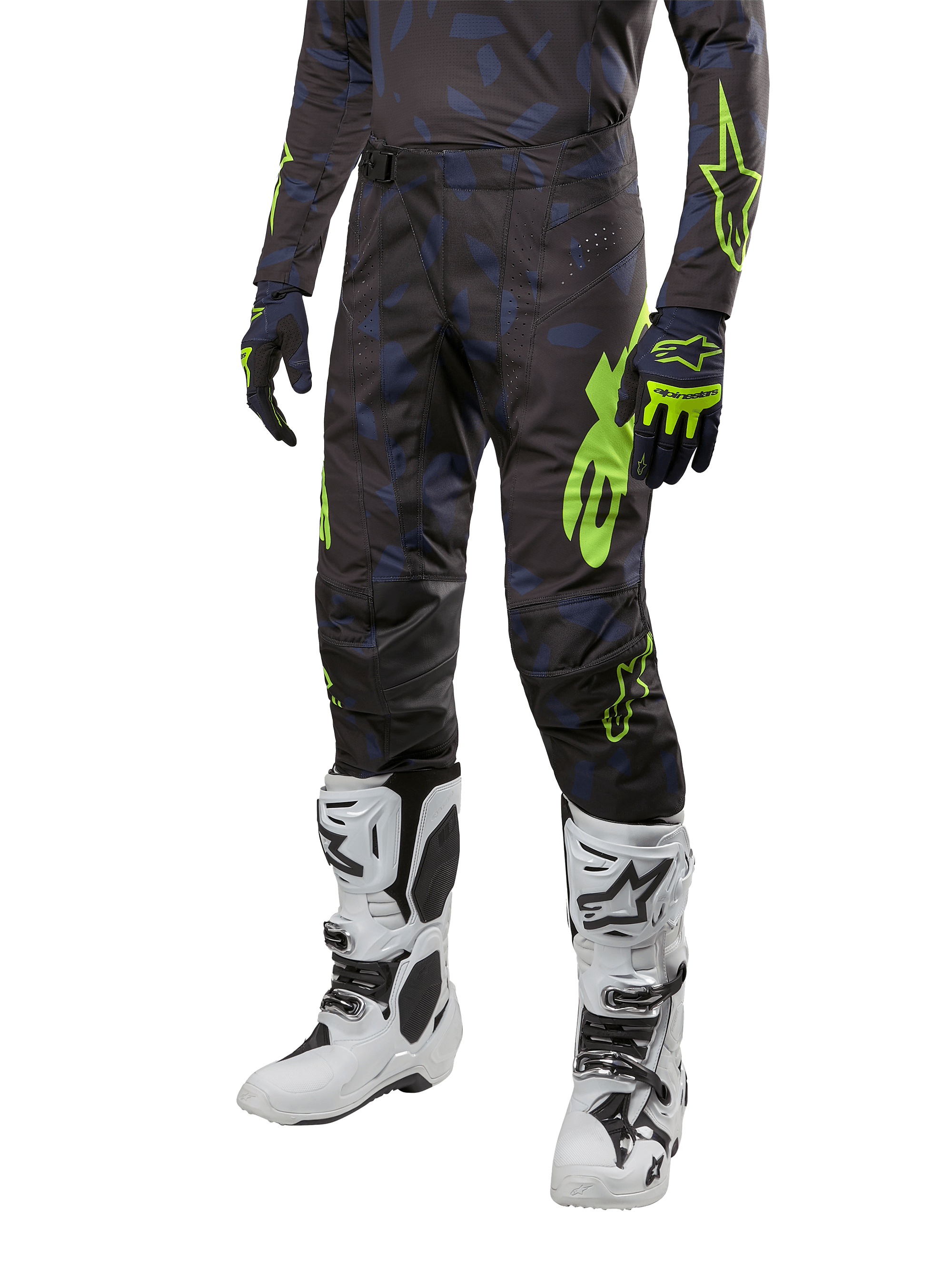 Alpinestars 2024 Techstar Rantera Pants, Motocross Pants, Black Navy and Yellow Fluo, featuring navy camouflage patterns and neon green branding, worn with matching gloves and white boots, durable racing-fit design for off-road performance