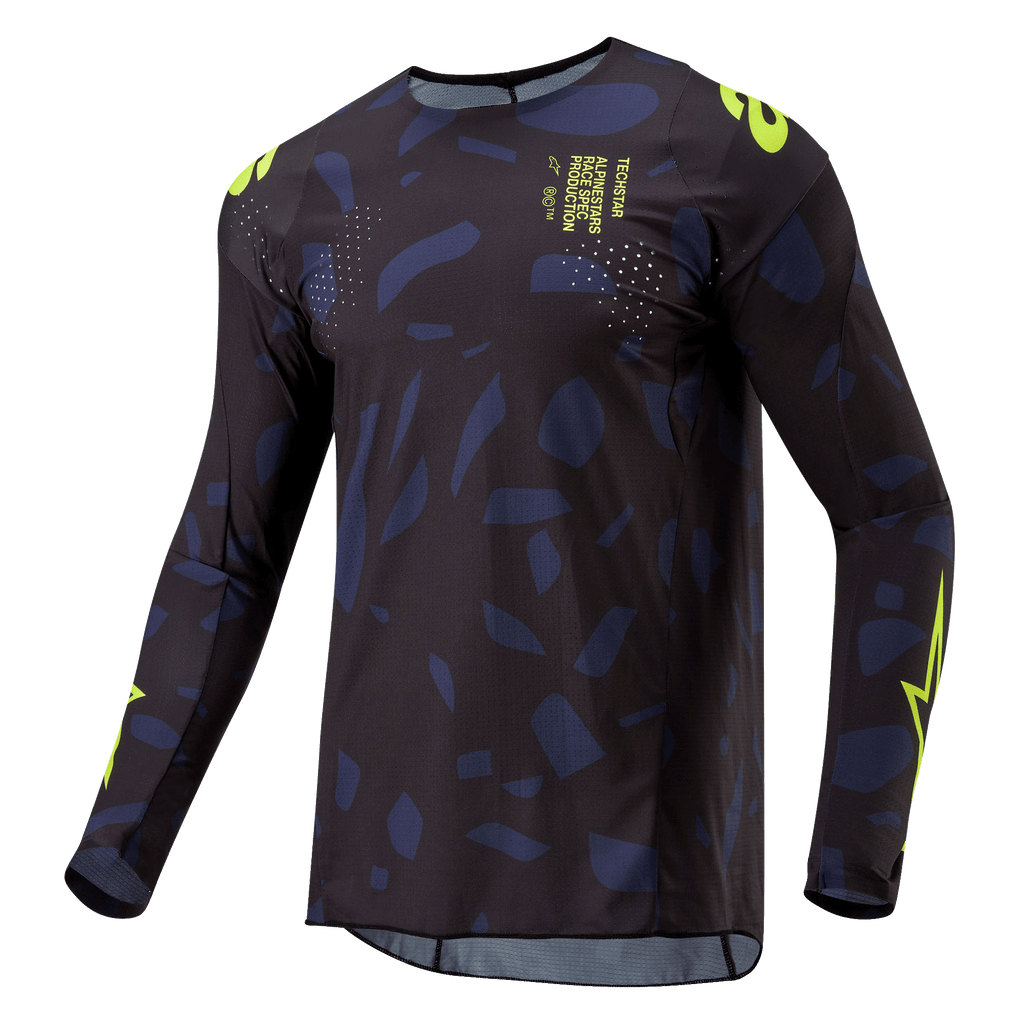 Alpinestars 2024 Techstar Rantera-tröja, motocrosströja, svart, marinblå och neongul, långärmad atletisk passform med abstrakt mönster, neongula logotyper och textdetaljer, designad för offroad-prestanda