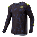 Alpinestars 2024 Techstar Rantera-tröja, motocrosströja, svart, marinblå och neongul, långärmad atletisk passform med abstrakt mönster, neongula logotyper och textdetaljer, designad för offroad-prestanda