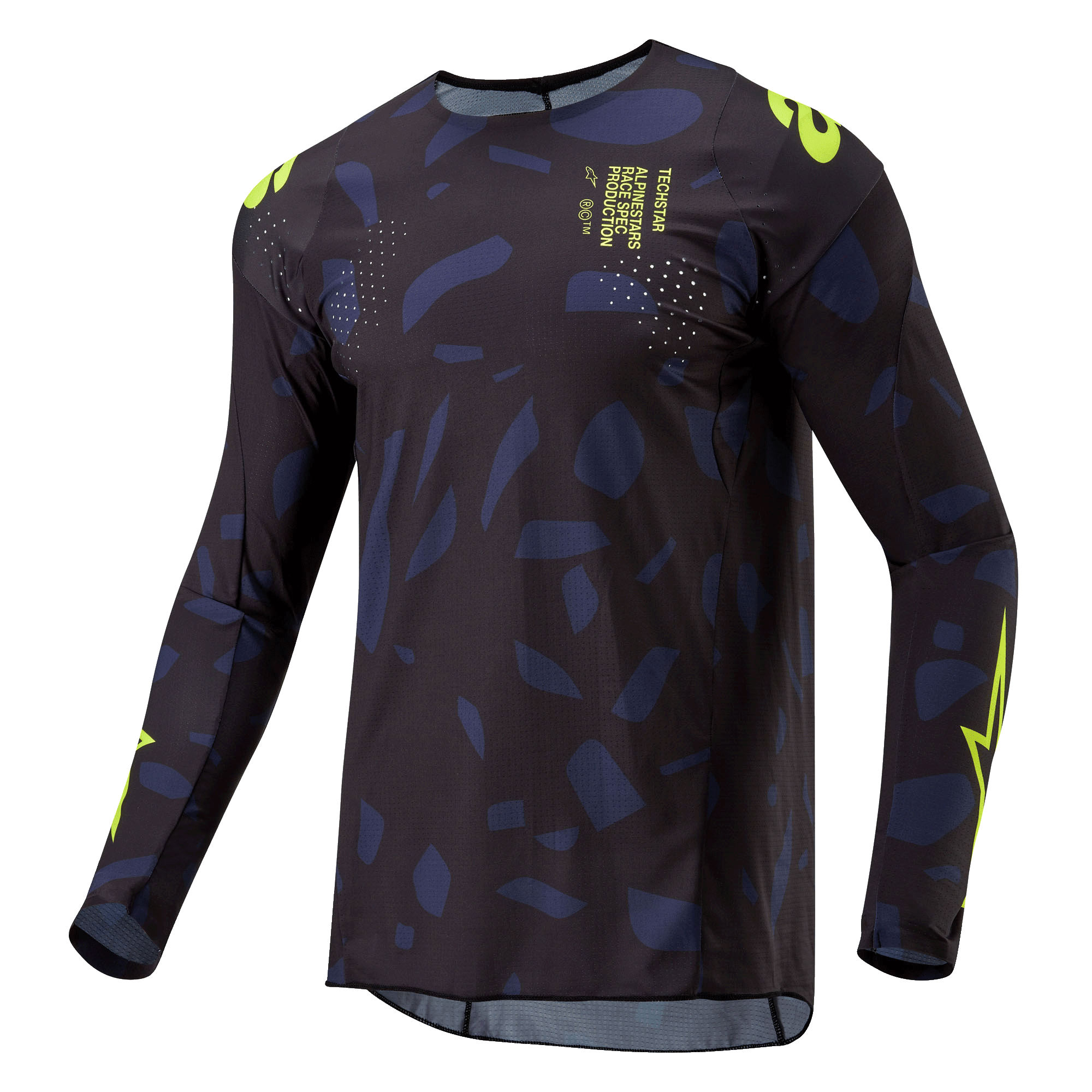 Alpinestars 2024 Techstar Rantera-tröja, motocrosströja, svart, marinblå och neongul, långärmad atletisk passform med abstrakt mönster, neongula logotyper och textdetaljer, designad för offroad-prestanda