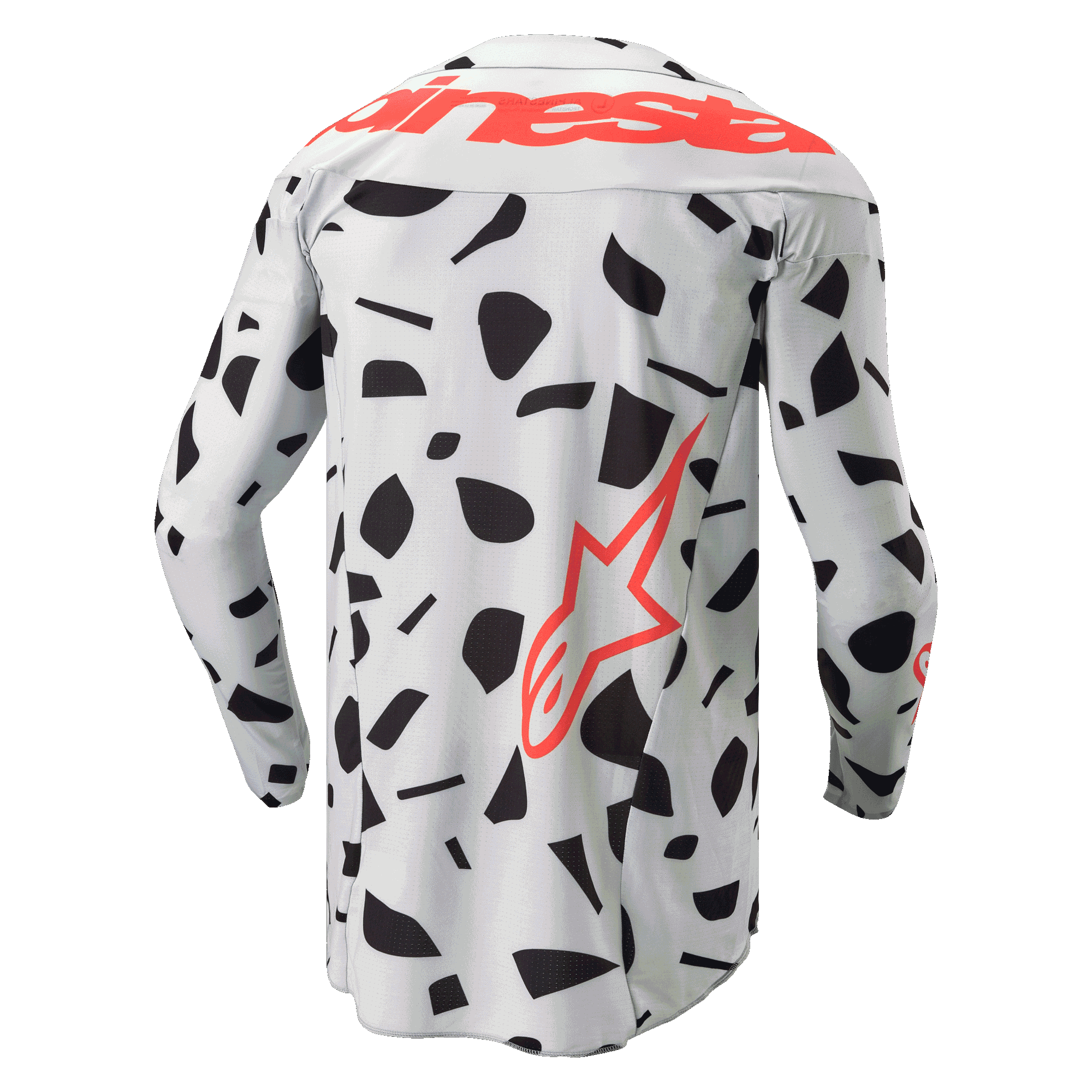 Alpinestars 2024 Techstar Rantera tröja, baksida, långärmad motocrosströja, Haze Gray Camo med svarta abstrakta mönster, stor röd Alpinestars-logotyp över axlarna och en röd stjärnlogotyp på nedre sidan, designad för offroad-prestanda