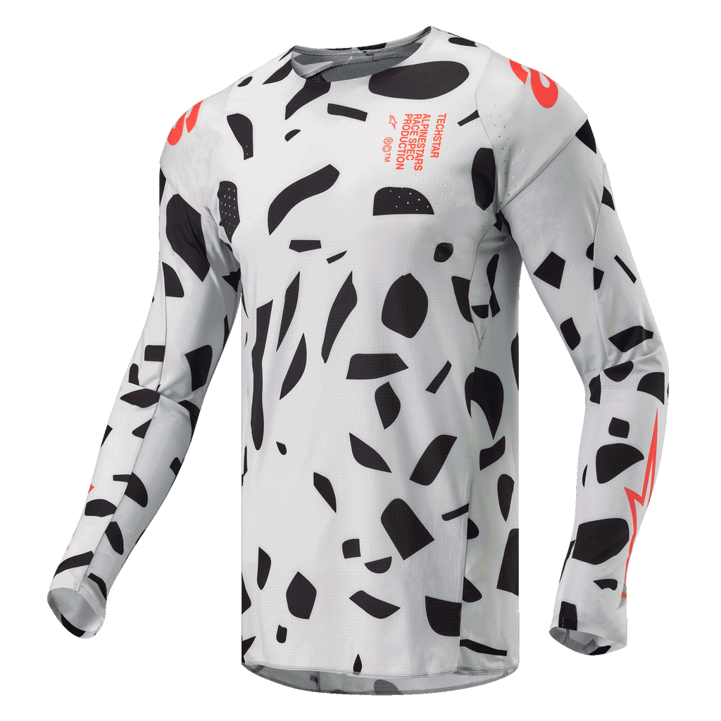 Alpinestars 2024 Techstar Rantera tröja, motocrosströja, Haze Gray Camo med svarta abstrakta former och orangea detaljer, långa ärmar, teknisk racingutrustning för terrängkörning