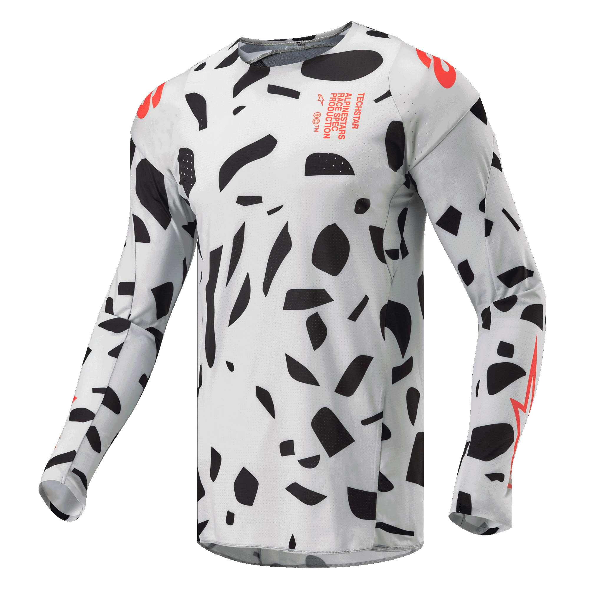 Alpinestars 2024 Techstar Rantera tröja, motocrosströja, Haze Gray Camo med svarta abstrakta former och orangea detaljer, långa ärmar, teknisk racingutrustning för terrängkörning