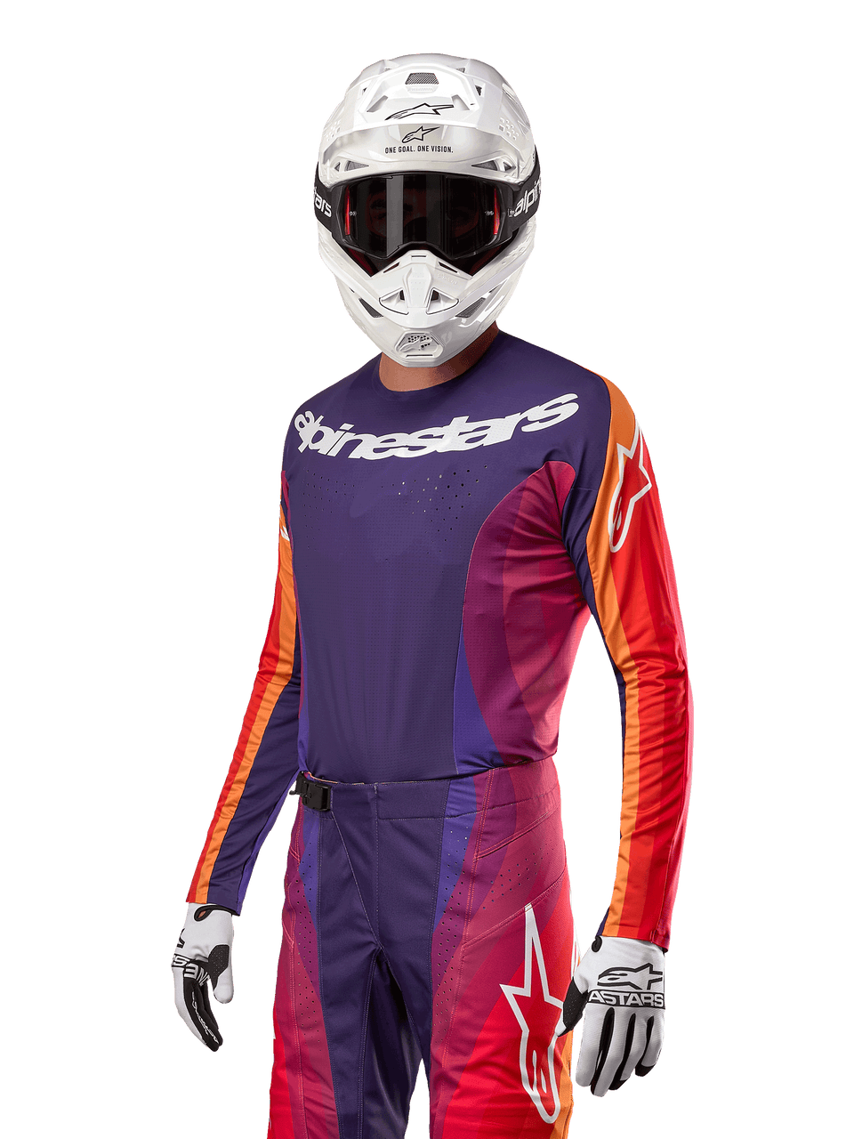 Motocross rider wearing the 2024 Techstar Pneuma Jersey, Deep Purple and Orange with bold white Alpinestars branding, paired with matching motocross pants, white racing helmet, and gloves, performance MX racing gear